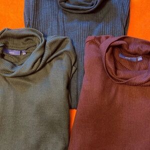 Aritzia Ribbed Turtleneck Trio in Green, Black, and Brown